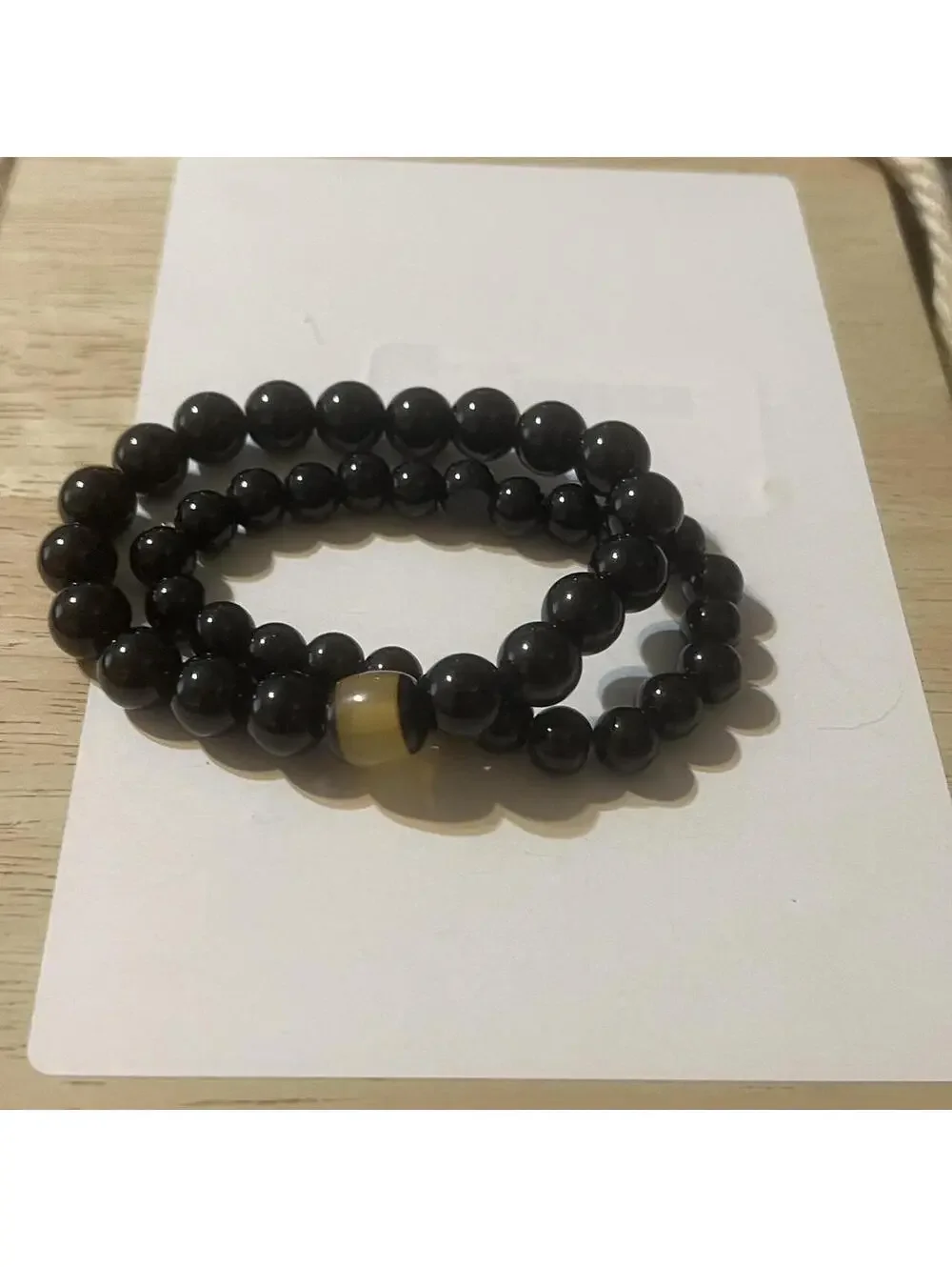 B-22 BRAND NEW Black Beaded Stretch Bracelet Set with Tiger's Eye Accent